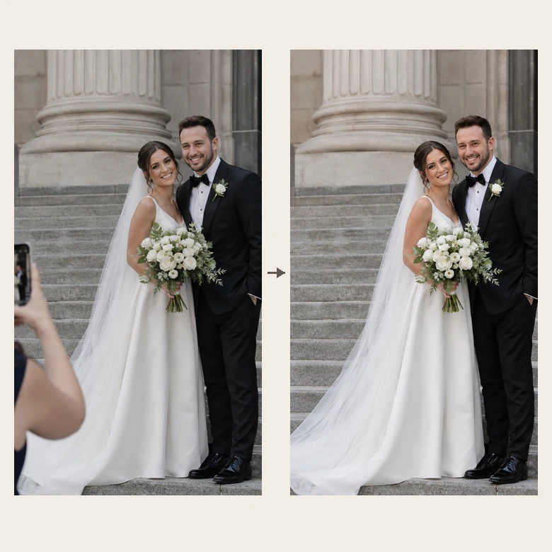 Wedding photo edit: a photographer removed from the steps behind the bride and groom