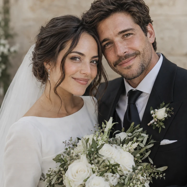 A softly retouched bride and groom holding a bouquet in a rustic venue