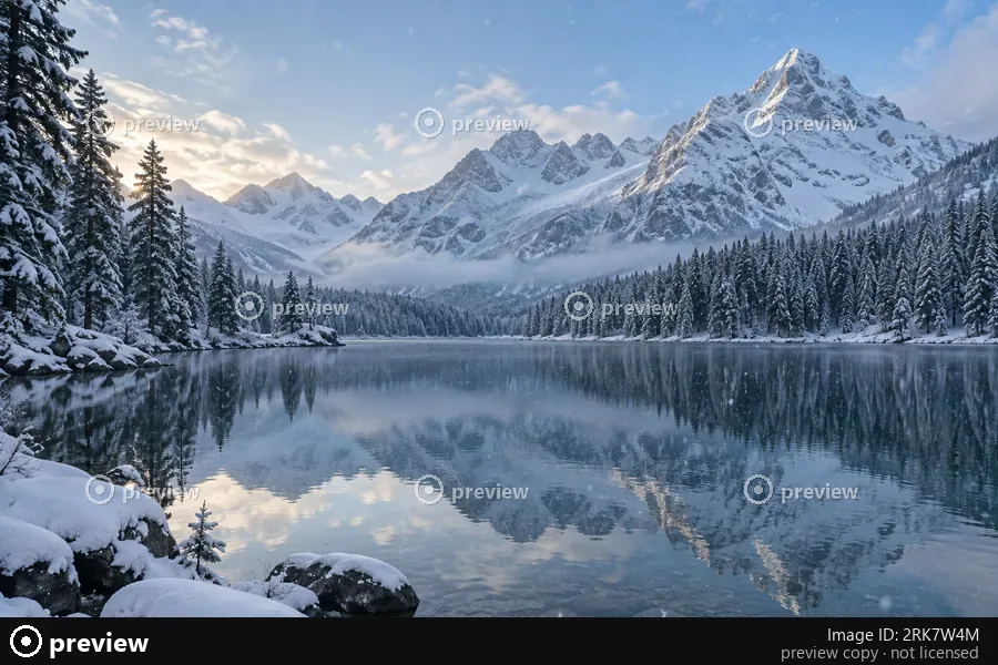 Drag to compare the snowy mountain lake preview with faint marks and a dark ID strip and the cleaned comp (before)