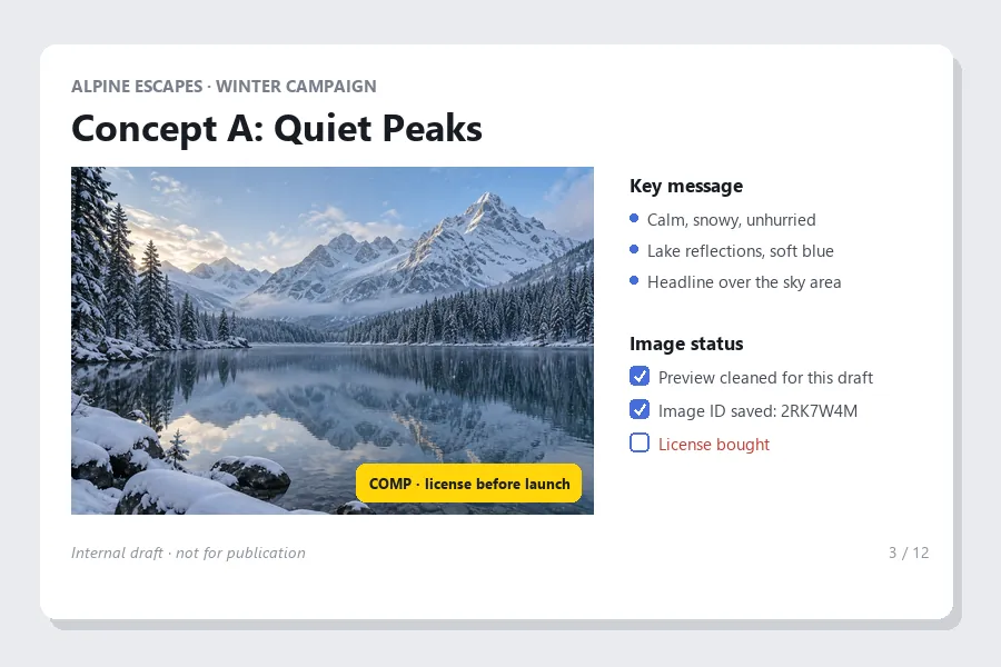Internal pitch slide using a cleaned mountain lake comp, tagged “license before launch”, with the image ID saved and the license still unchecked
