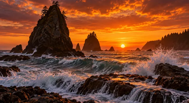 Drag to compare the photographer’s own sunset sea stacks preview with marks and an ID strip and the clean photo (after)