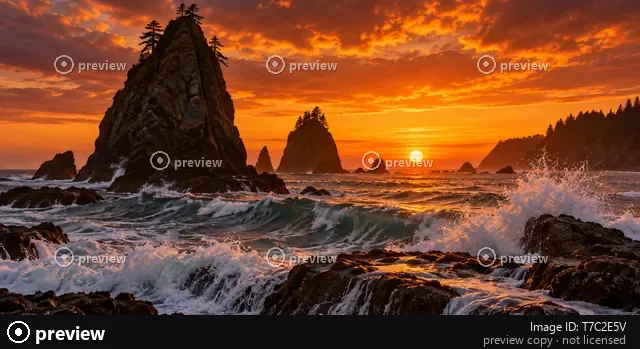 Drag to compare the photographer’s own sunset sea stacks preview with marks and an ID strip and the clean photo (before)