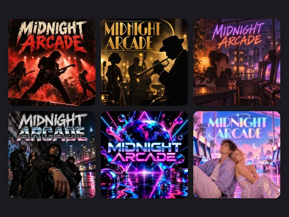 Album covers maker results in rock, jazz, lo-fi, rap, EDM, and dream pop styles