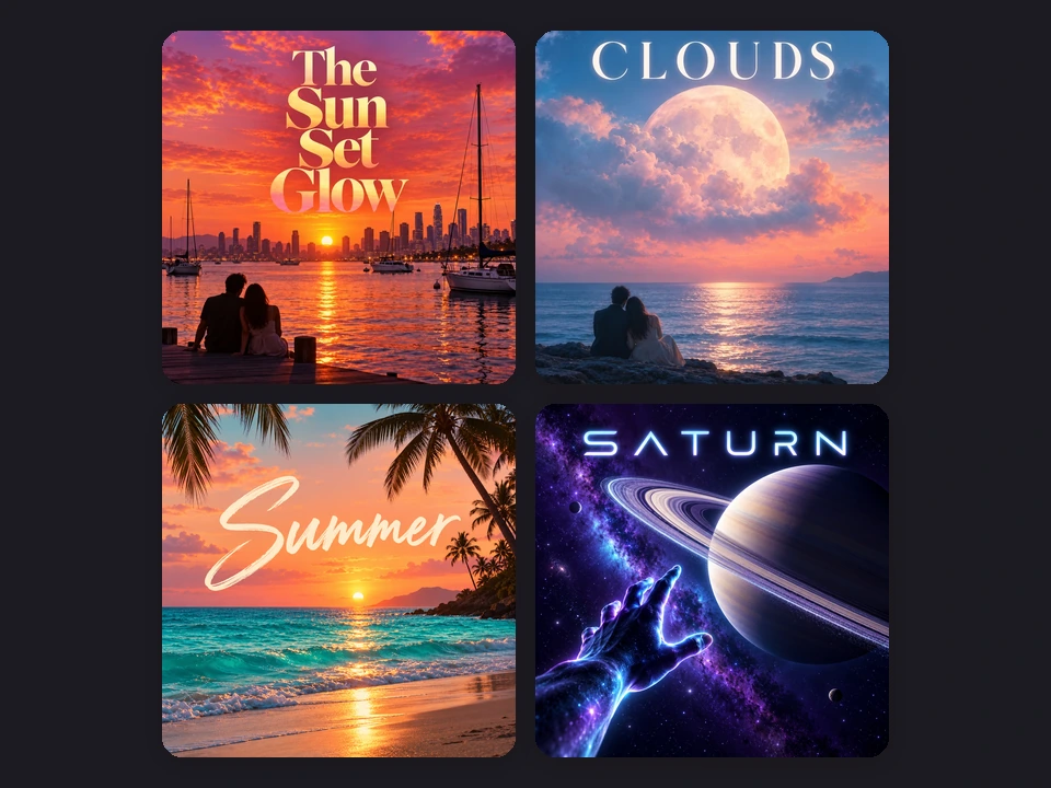 Album cover art maker results with titles The Sun Set Glow, CLOUDS, Summer, and SATURN
