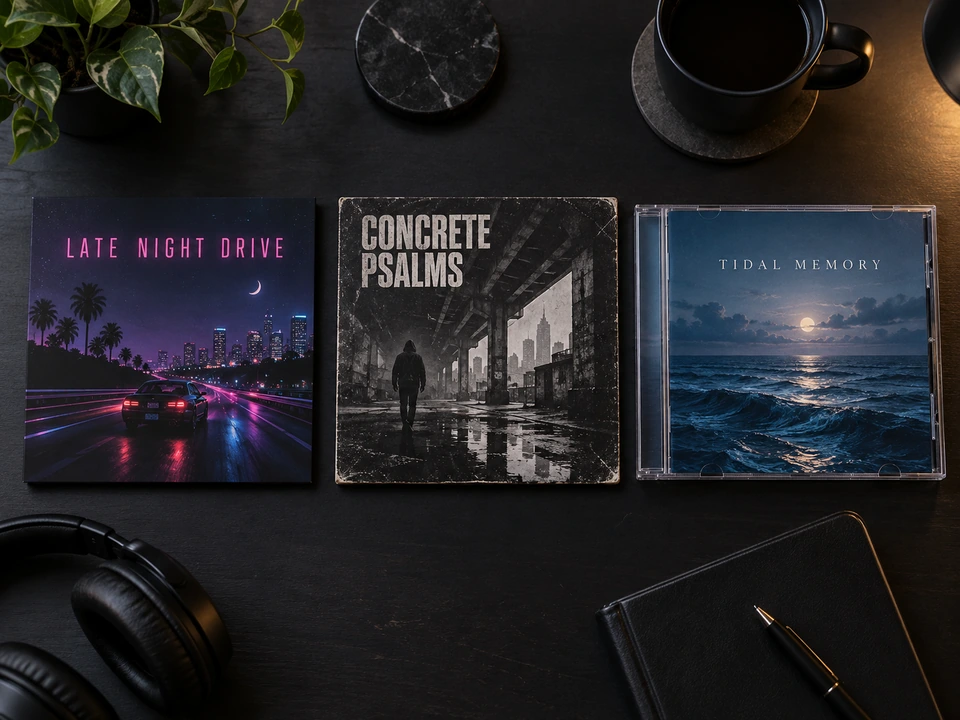 Playlist covers for mood mixes, aesthetic art, and rock playlists made with the music cover maker
