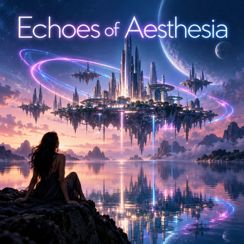 Cover art AI idea: neon light trails over a floating futuristic city for an ambient EDM track