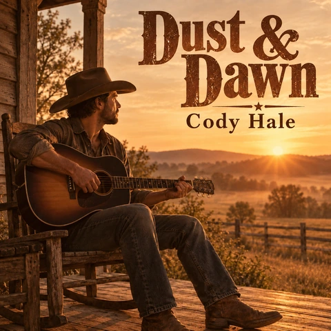 Country album art: a man playing acoustic guitar in a warm sepia room with ECHOES IN THE DUST lettering