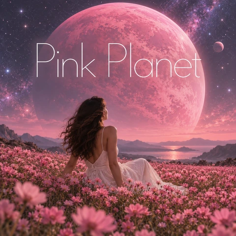 AI album cover of a girl in a white dress in a pink flower field under a giant pink planet