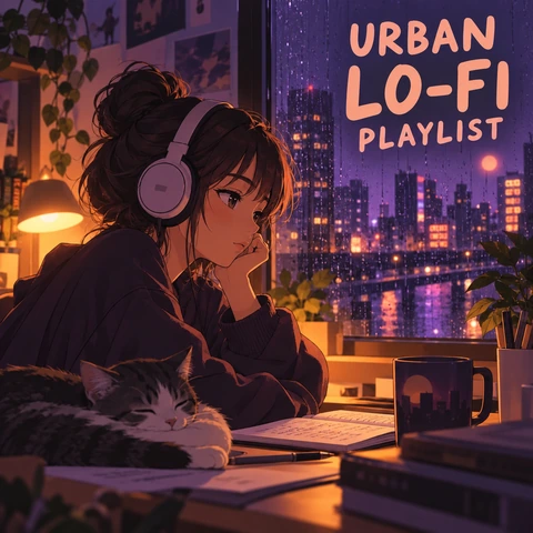 Playlist cover maker idea: URBAN LO-FI PLAYLIST with an anime character in headphones and a night skyline