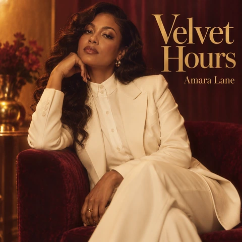 R&B album cover of a woman in a cream suit in warm amber light with ALBUM TITLE lettering