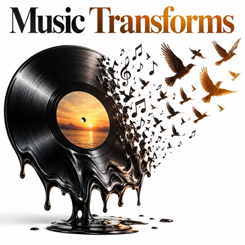 Concept album art: a melting vinyl record with music notes turning into birds