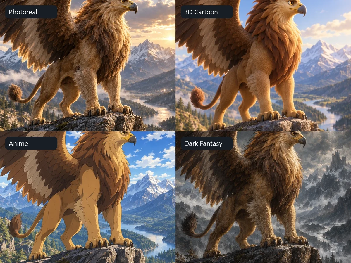 The same griffin-like animal fusion in realistic, 3D cartoon, anime, and dark fantasy styles