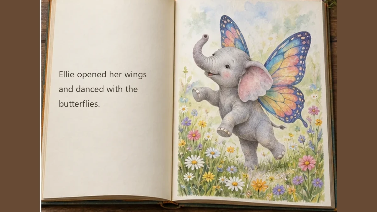 Open storybook showing a baby elephant with butterfly wings dancing in a fairy-tale meadow