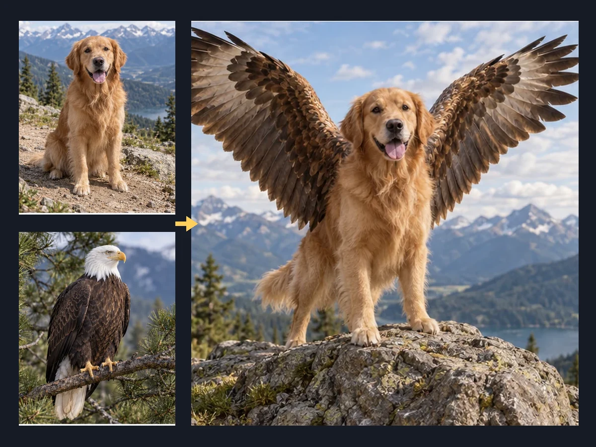 A dog photo and an eagle photo fused into a winged dog by the AI animal hybrid generator