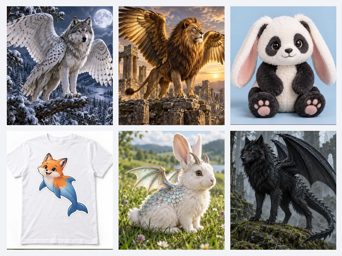 A collage of random animal hybrids, including a winged fox and a panda bunny