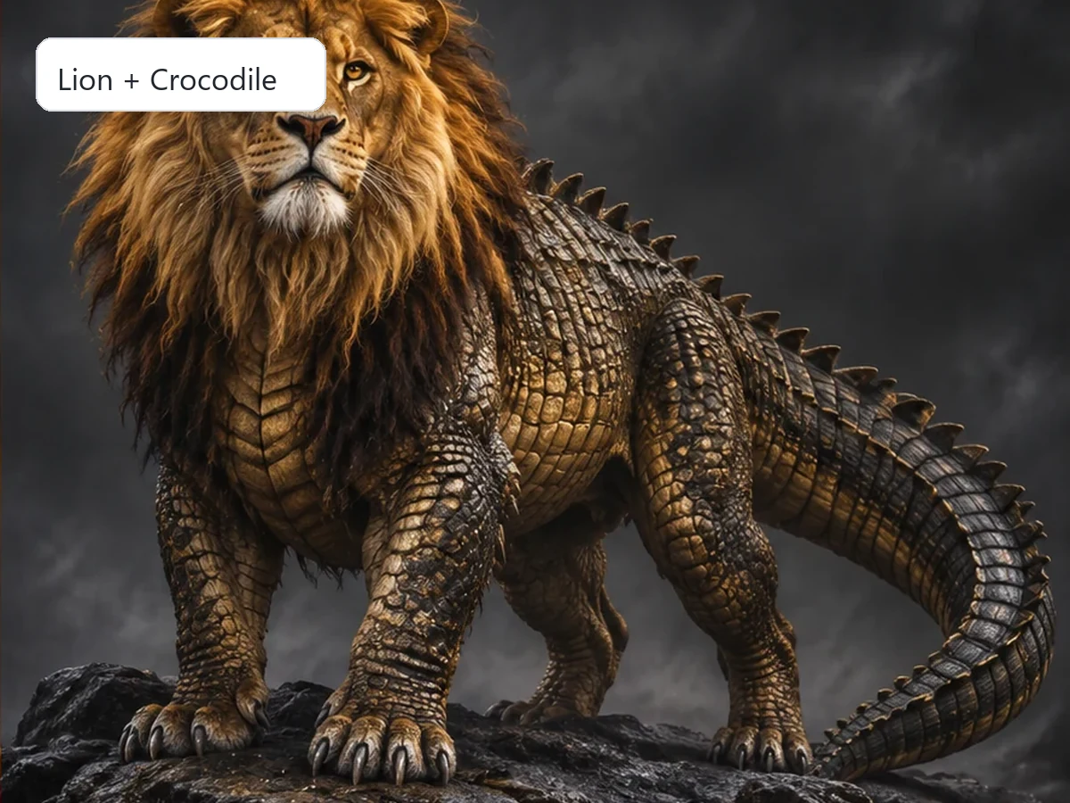 A lion with crocodile skin created by typing two animals into the animal hybrid generator