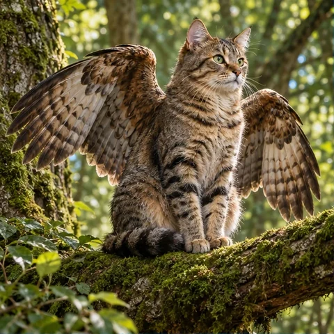 Tabby cat with brown hawk wings sitting on a mossy branch