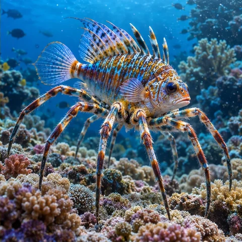 Fish with eight long spider legs swimming over a coral reef