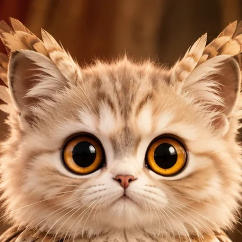 Owl and cat hybrid with large expressive eyes and feathered fur