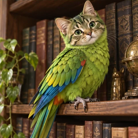 Parrot with a cat’s face and paw-like talons perched on a bookshelf
