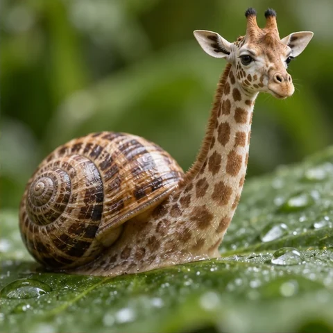 Animal fusion of a snail with a giraffe’s spotted neck and head on a leaf
