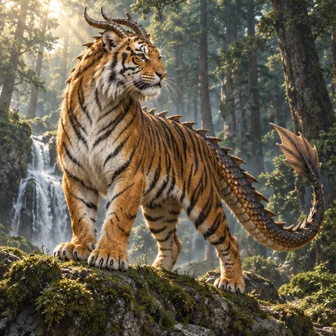 Hybrid creature with a tiger body, dragon horns, and a long tail in a forest