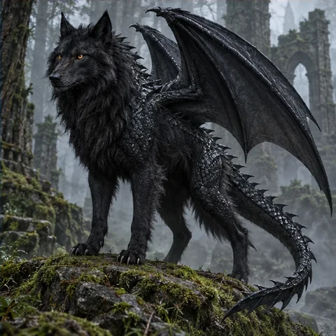 Black wolf and dragon hybrid with scaly wings in a misty forest