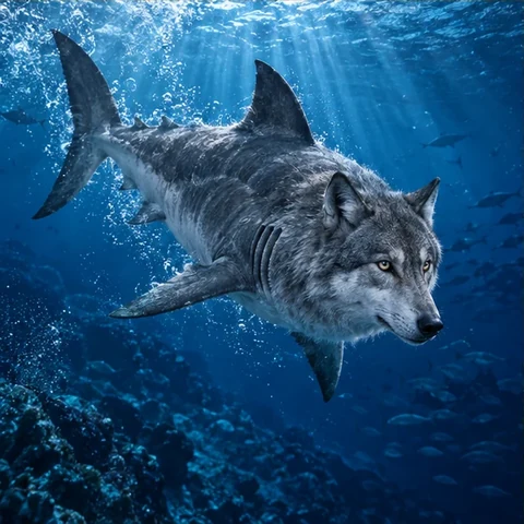 Gray wolf with shark fins swimming through deep blue water