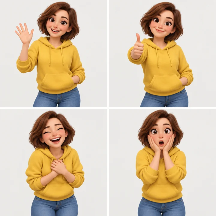 A 3D cartoon girl animated with four different expressions and gestures