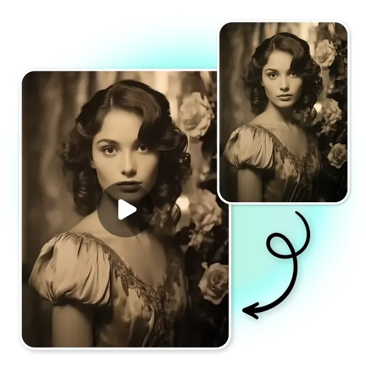 Vintage sepia portrait of a woman and the animated version of the same old photo