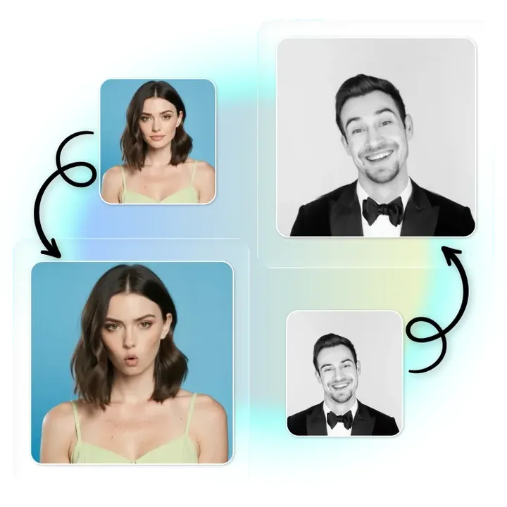 Selfie and black-and-white portrait photos turned into animated expressions