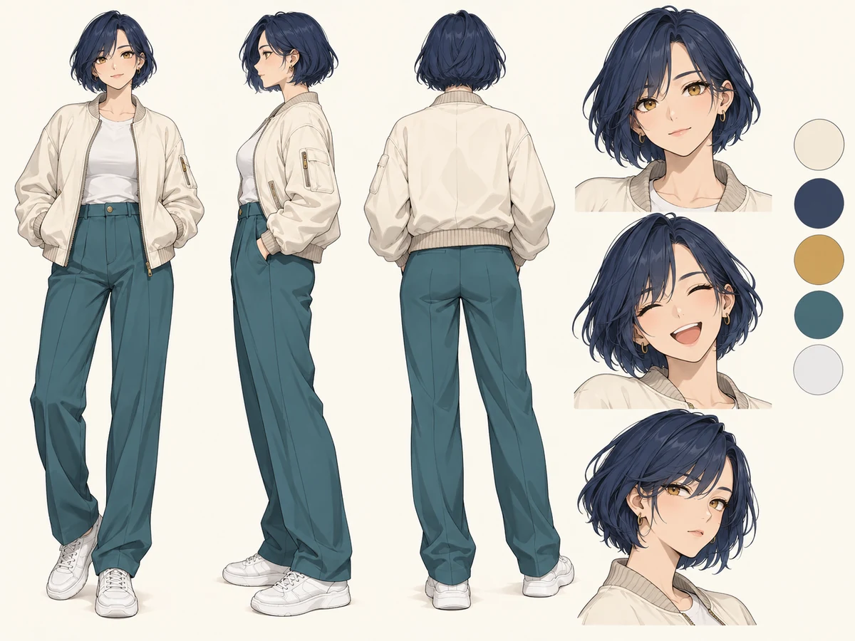 Anime character sheet with a full body view, expression close-ups, and color swatches
