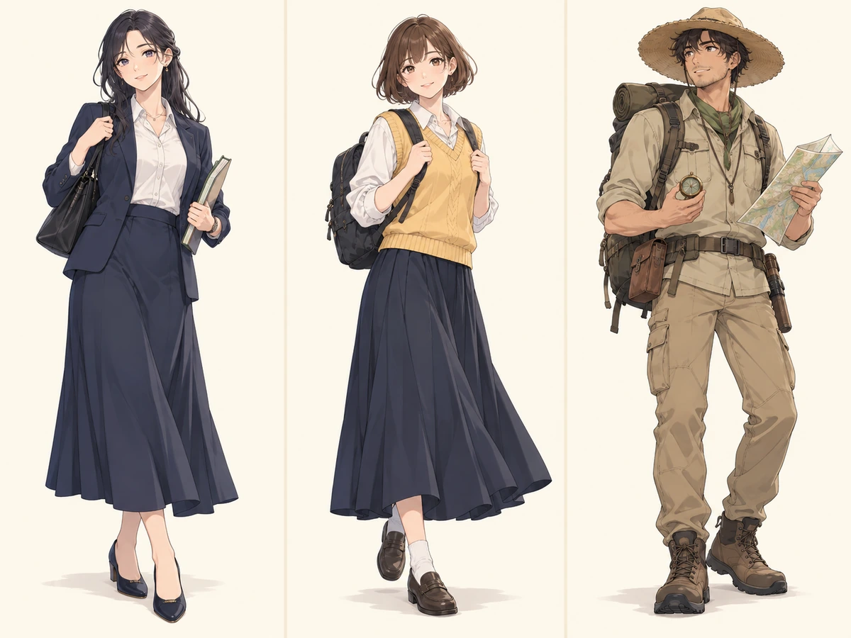 Three full body anime characters: a schoolgirl, a transfer student, and a jungle explorer