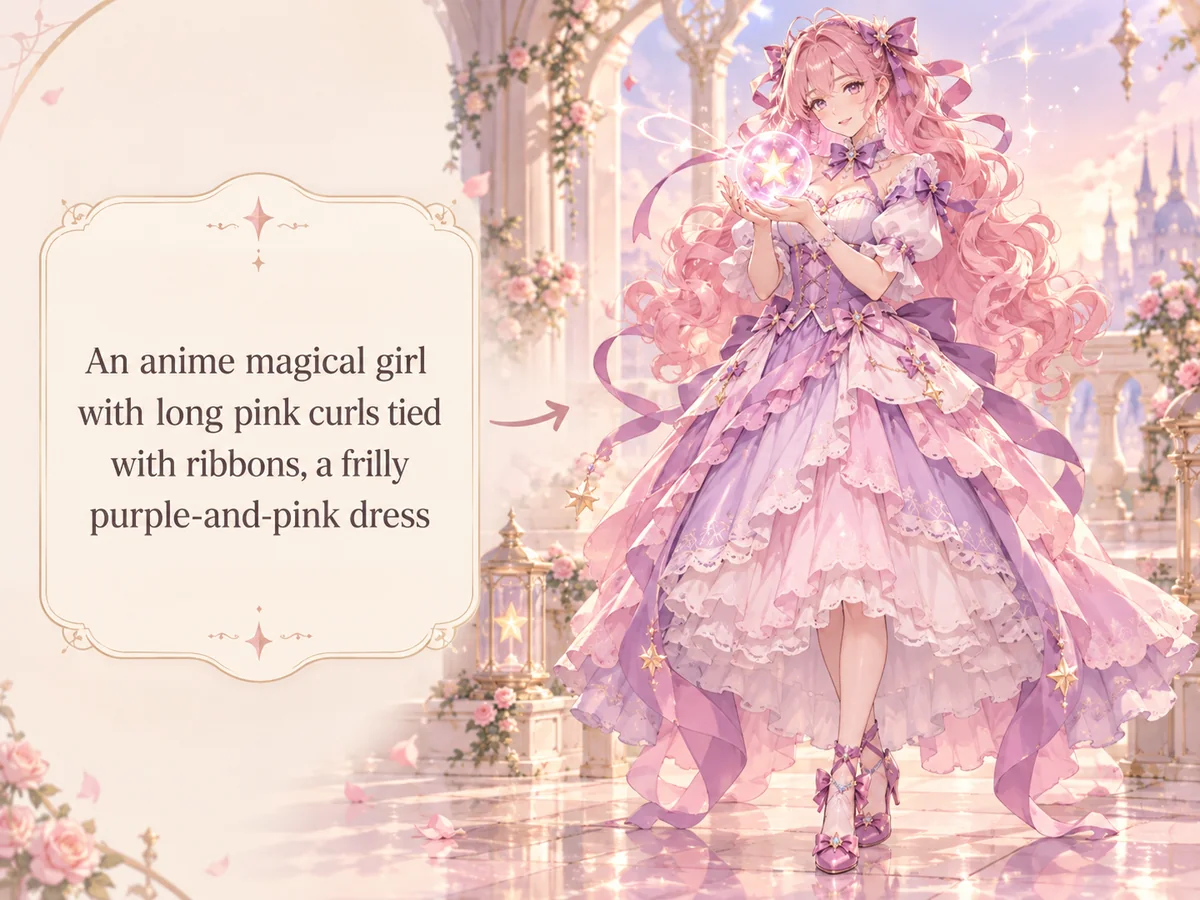 A written prompt next to the anime girl in a pink kimono the anime character maker drew from it