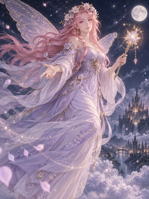 Anime fairy princess with pink hair and wings floating in a starry sky