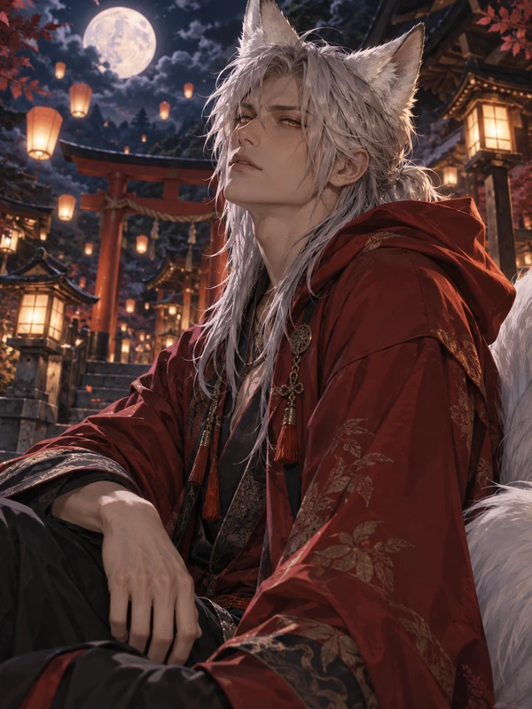 Anime fox with green eyes sitting among flowers in an enchanted forest
