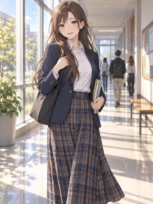 Anime high school girl with long brown hair in a sunlit school hallway