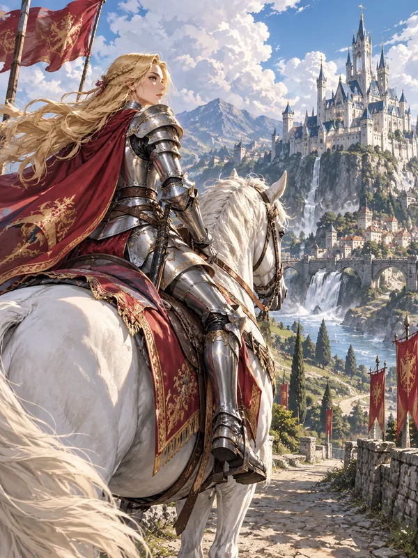 Anime knight in silver armor and a red cape riding a white horse toward a castle