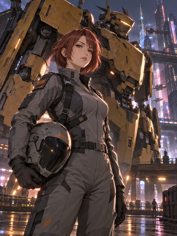 Anime mecha pilot girl in a grey suit in front of a giant robot