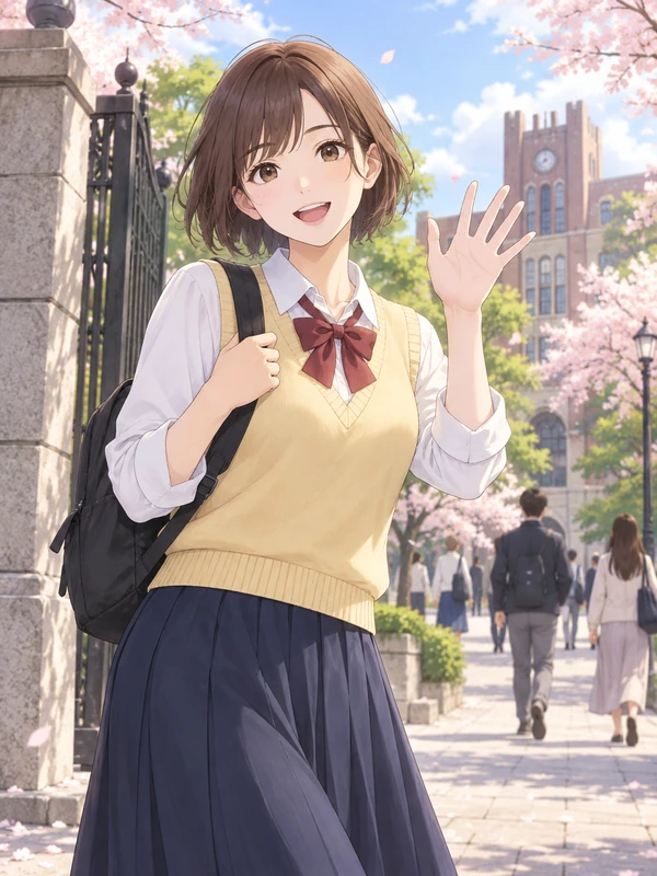 Anime school girl in a navy blazer standing in a sunny classroom