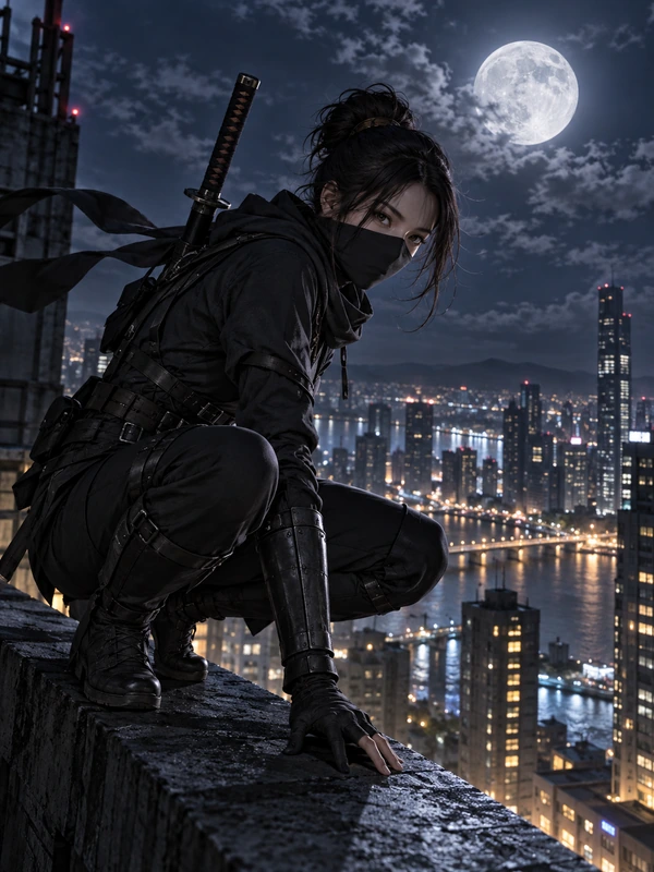 Anime ninja crouching on a skyscraper ledge under a full moon