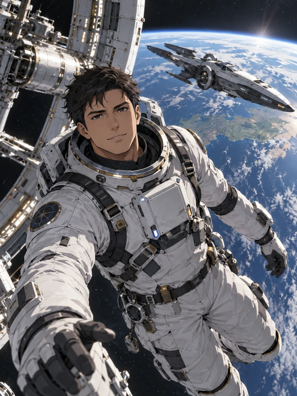 Anime astronaut floating in space with Earth and a starship behind