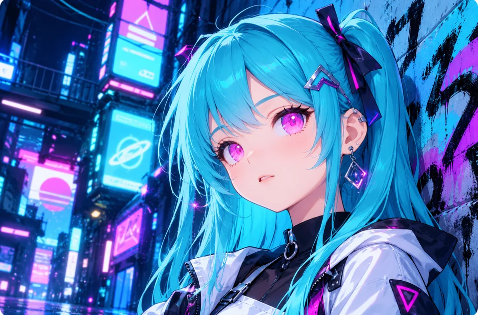 Drag to compare the generated neon anime art before and after 4× upscaling (after)