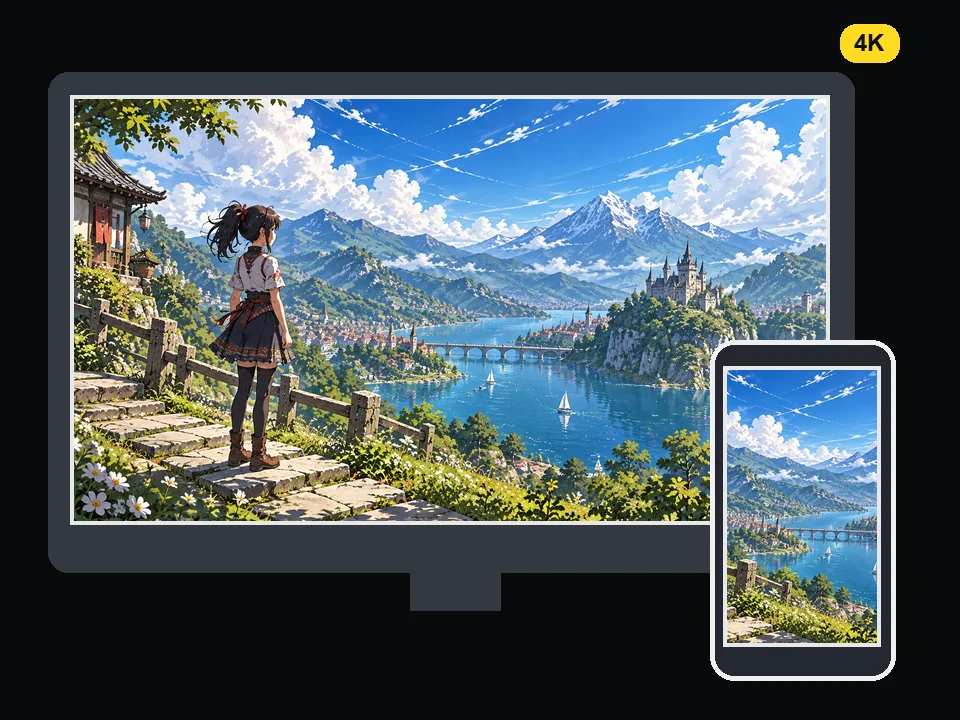 Anime landscape upscaled to a 4K wallpaper shown on a monitor and phone