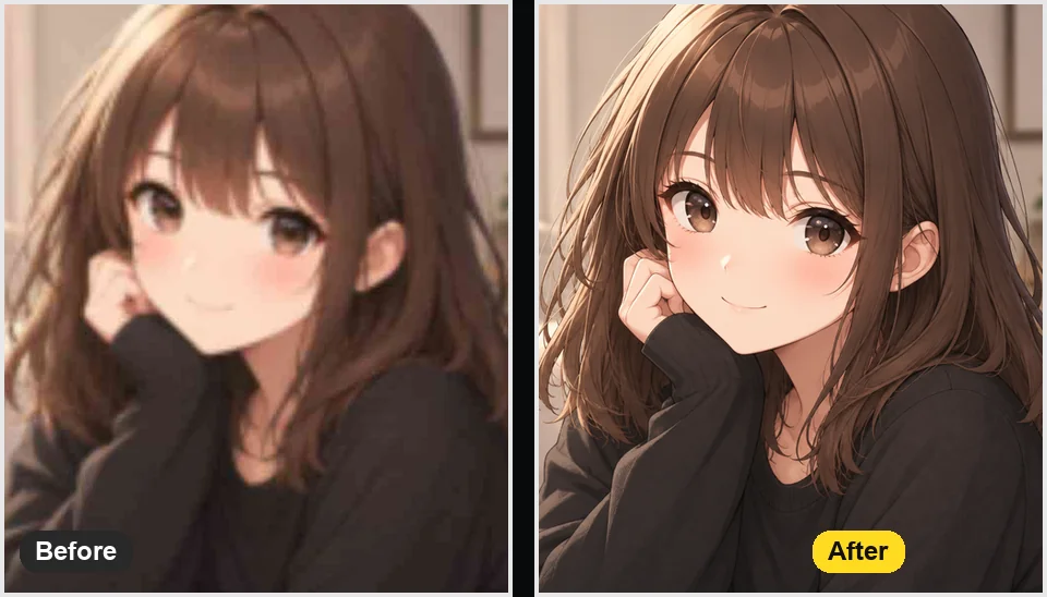 Anime portrait before and after being upscaled to 4K