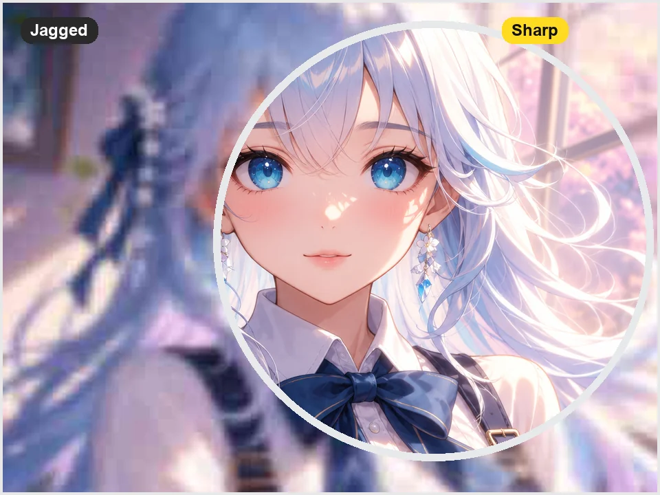 Magnifier showing jagged anime hair lines turned smooth and sharp after upscaling