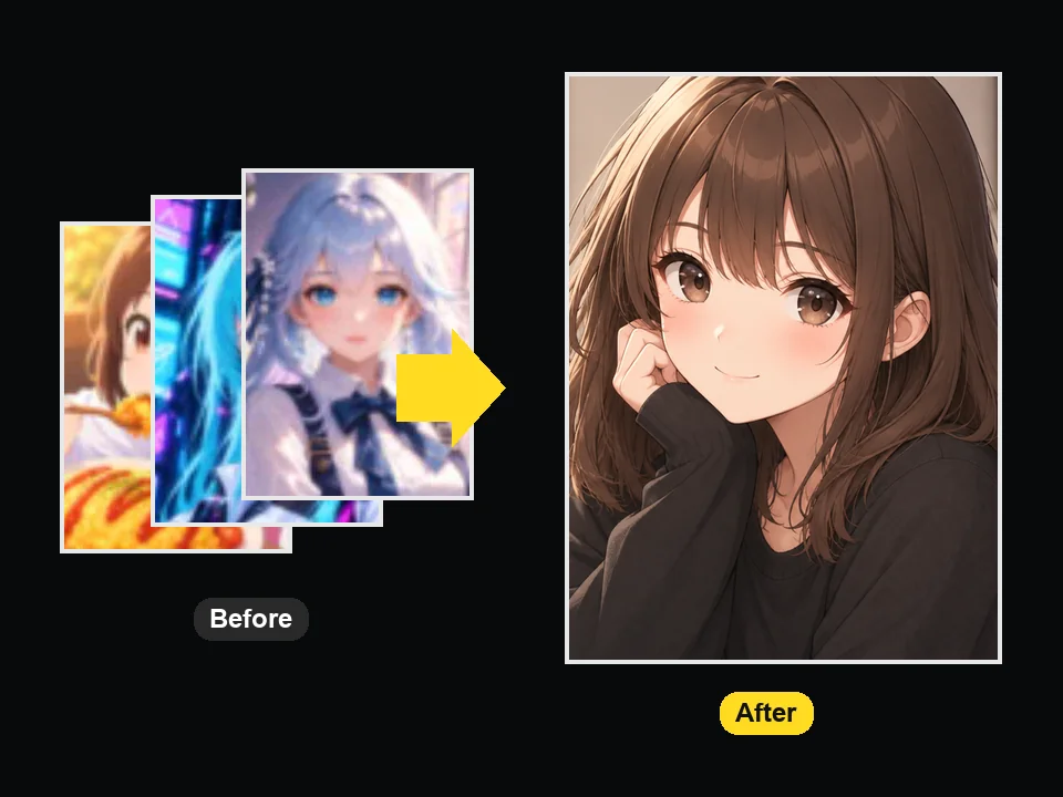 Stack of saved WebP, JPG, and PNG anime images with one upscaled sharp version