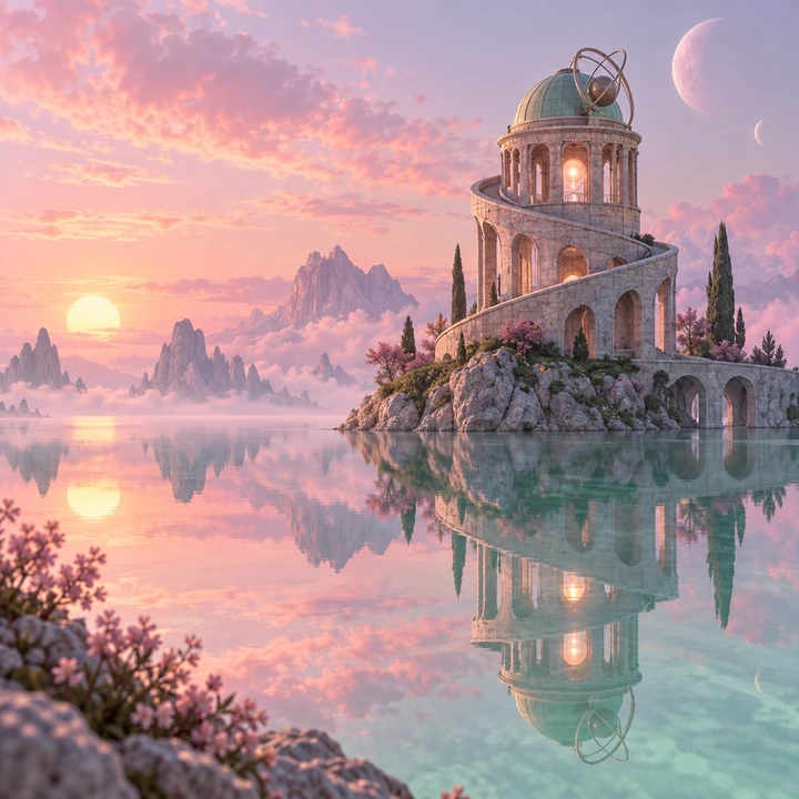 Surreal 3D render of a spiral stone observatory on a pink mirror lake at dusk