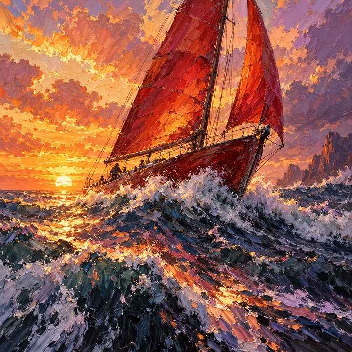 Impressionist palette-knife oil painting of a red sailboat riding stormy waves at sunset