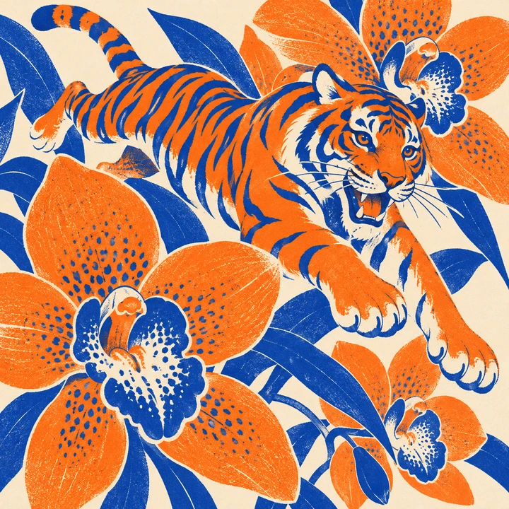 Pop Art risograph print of a blue tiger leaping through giant orange orchids
